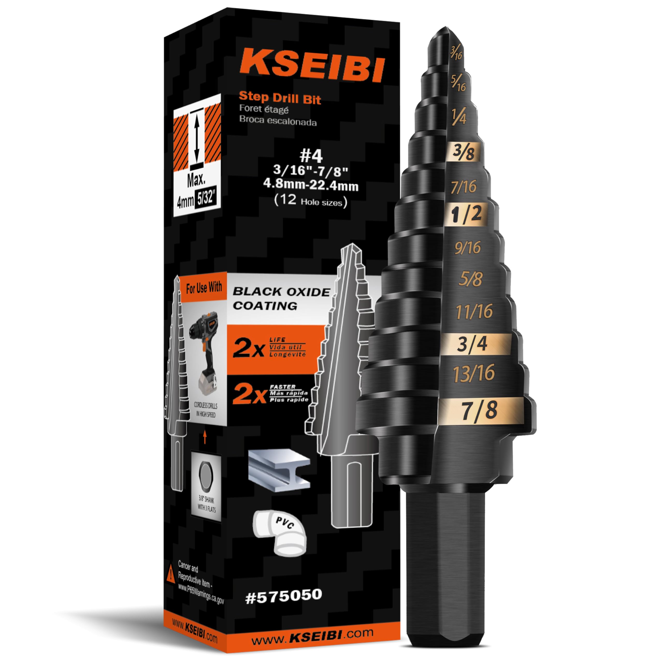 KSEIBI #4 HSS Step Drill Bit Set 3/16-7/8" with 3/8 Shank - Black Oxide Finish for Metal, Wood, Plastic Drilling - Durable, Precision Multi-Sized Bits
