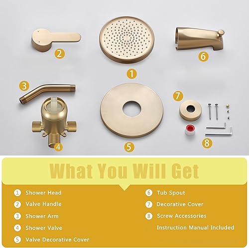 Miniatura 9 de Tohlar Juego de grifo de ducha dorado con boquilla de bañera, kit combinado de grifo de bañera y ducha, cabezal de ducha de lluvia de 6 pulgadas y