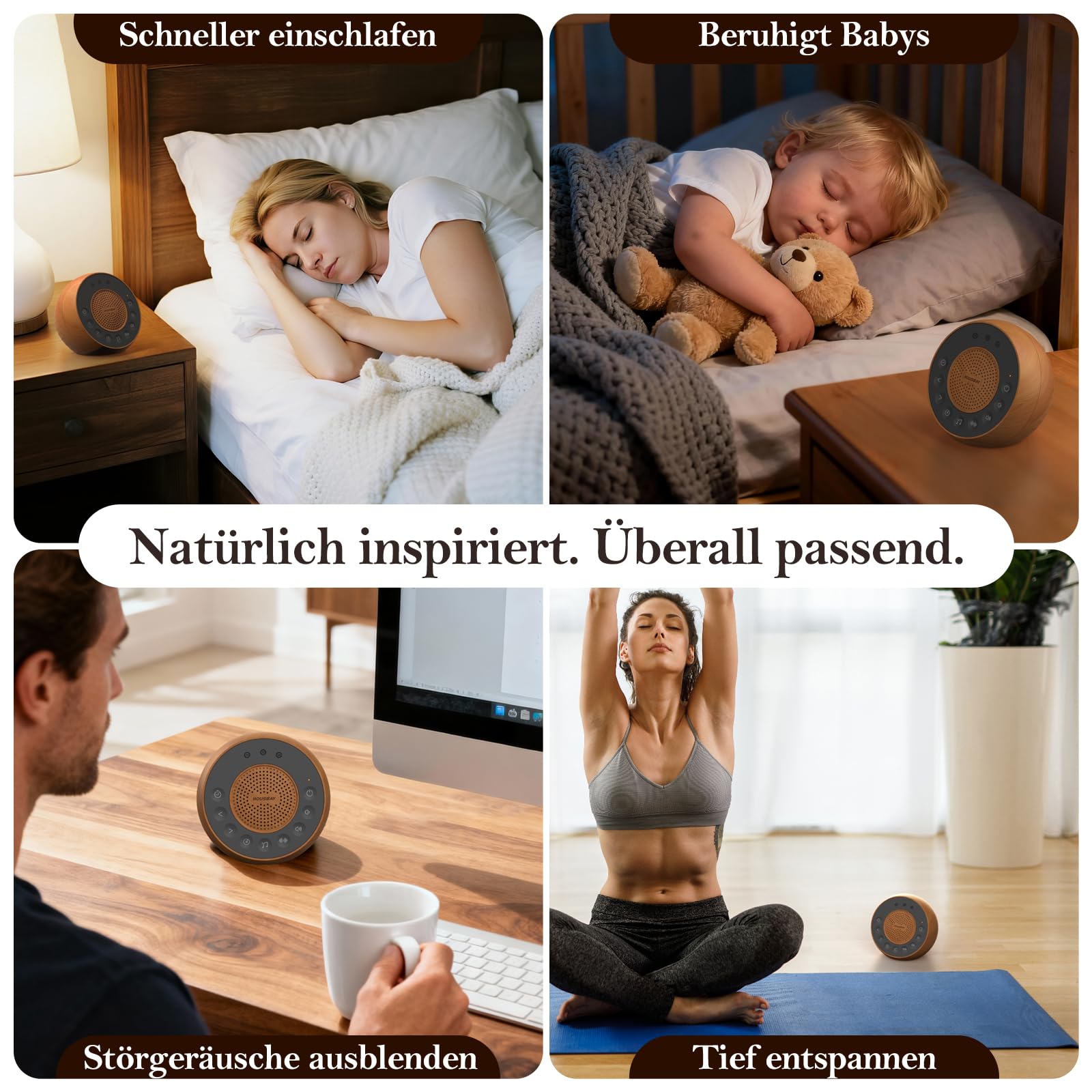 Housbay White Noise Machine, 35 suoni calmanti, suoni naturali per addormentarsi, con timer Sleep e design effetto legno, per neonati e adulti