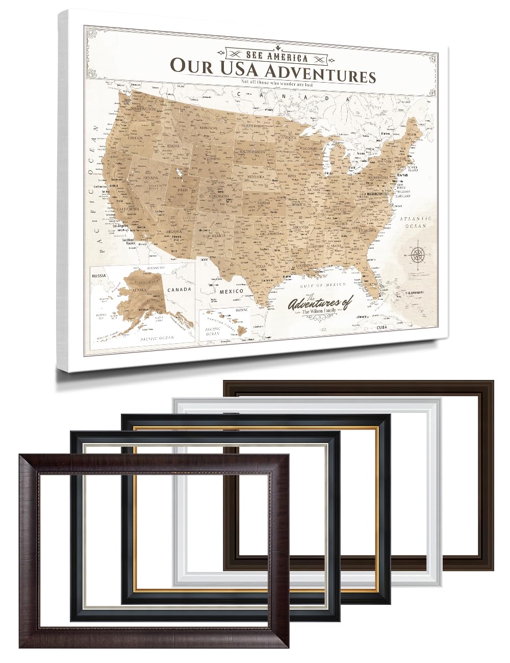 IPIC Personalized Vintage Framed USA Map Pin Board, Image Size 30x24 in