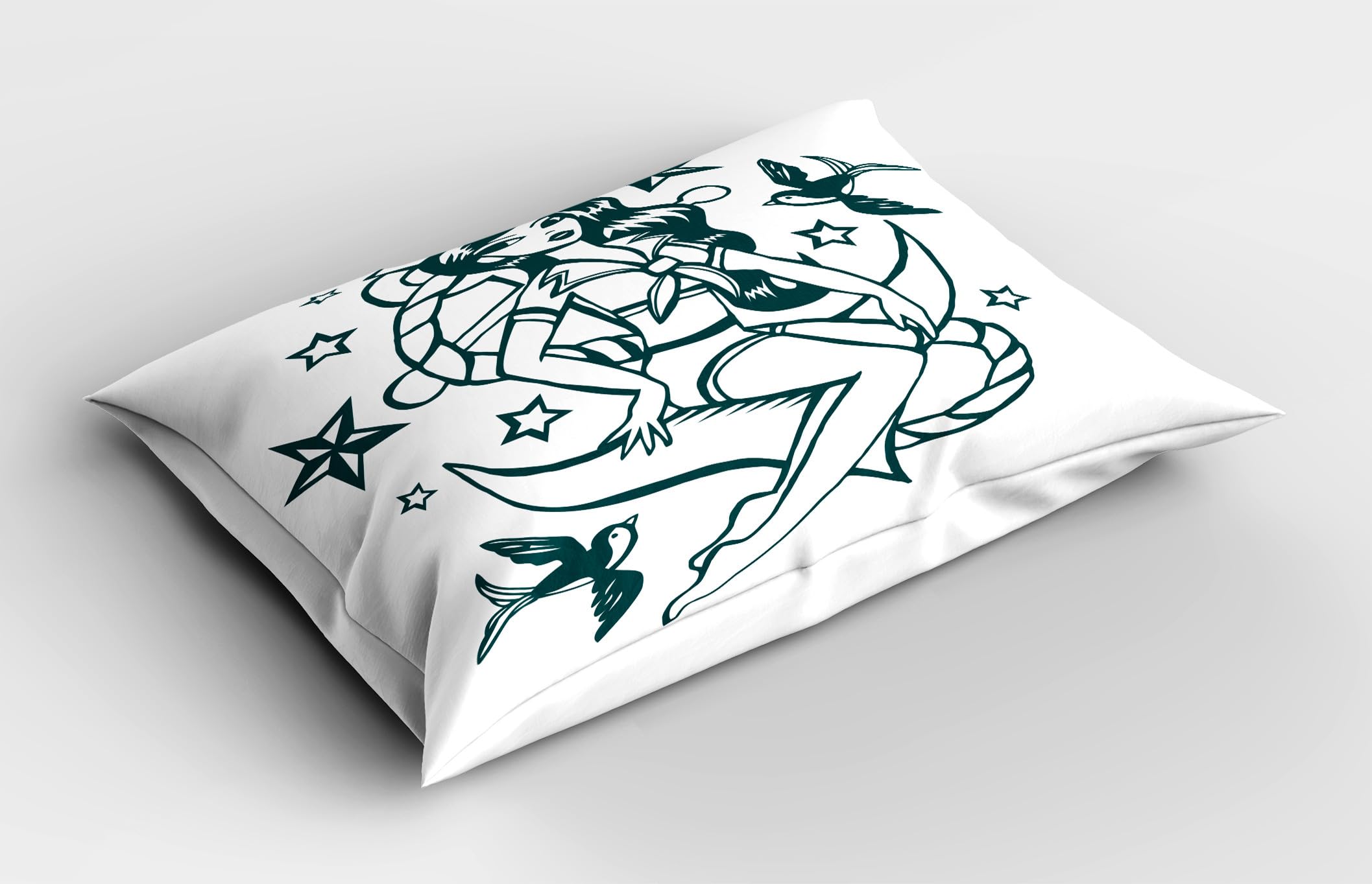 Ambesonne Anchor Pillow Sham Set of 2, Pin-up Girl Nautical Sailor Suit Surrounded by Swallow Birds Stars Hand Drawn, Quality Microfiber Bedding Item for All Seasons, 36