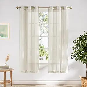 NICETOWN Linen Blend Semi Sheer Farmhouse Curtains 72 inches Long, Grommet Bedroom Window Treatments Privacy with Light Filtering Drapes for Bedroom, Natural, W36 x L72, 2 Panels