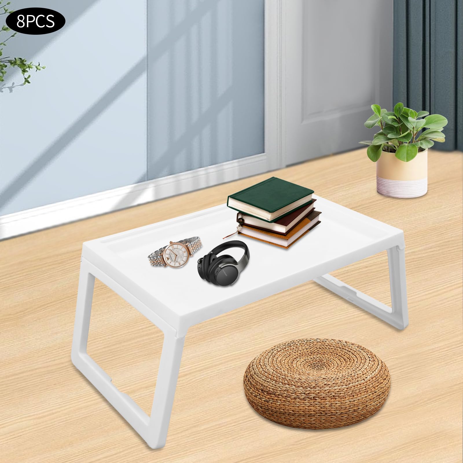 8 szt. składanych tacek na łóżko do jedzenia plastikowych stołów śniadaniowych do łóżka, telewizora i laptopa, wszechstronne tacki na przekąski 66 cm x 35 cm z nogami, idealne do posiłków i przekąsek