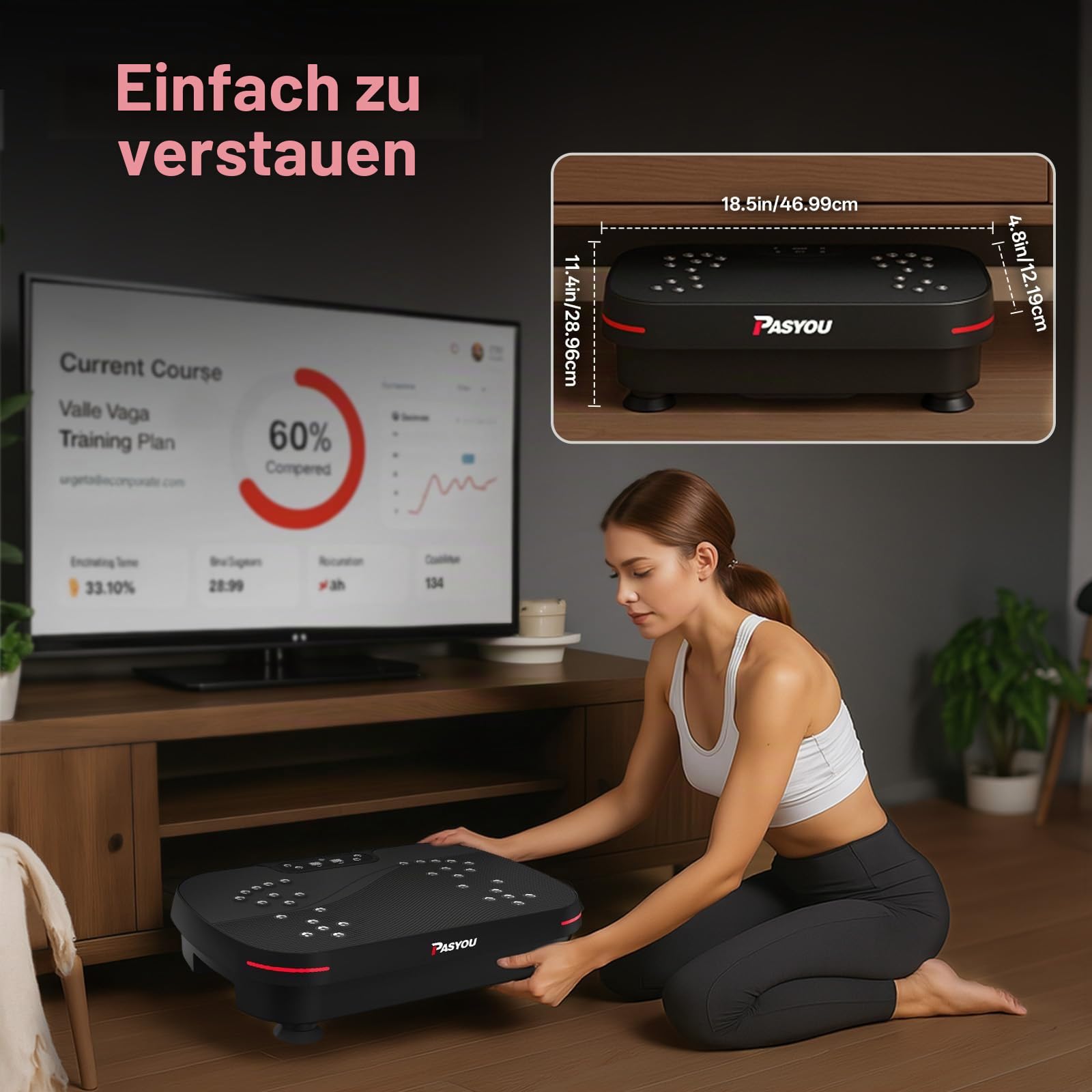 PASYOU Vibrationsplatte, Vibration Plate Leise und Kompakte für Abnehmen, Ganzkörpertraining, Muskelaufbau, Rüttelplatte Sport für Zuhause 99 Intensitätsstufen mit Widerstandsbändern