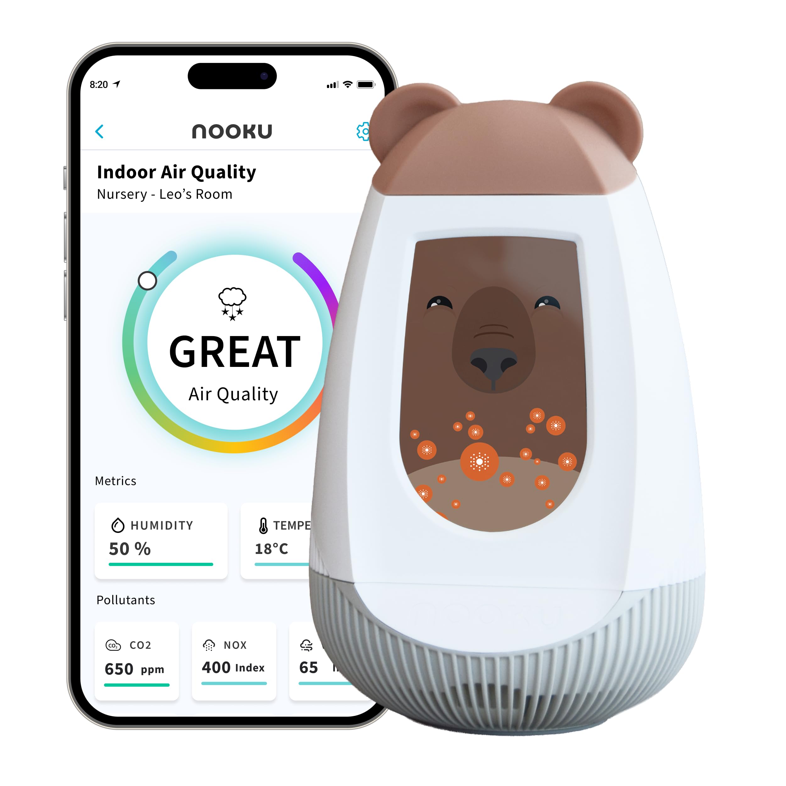 Nooku ‎White And Grey Fusion - The Ultimate Indoor Air Quality Monitor - Track 9 Key Metrics - Co2, Pm 1-10, Voc, Humidity, Temperature, Nox - Pollution Monitor For A Healthy Smart Home
