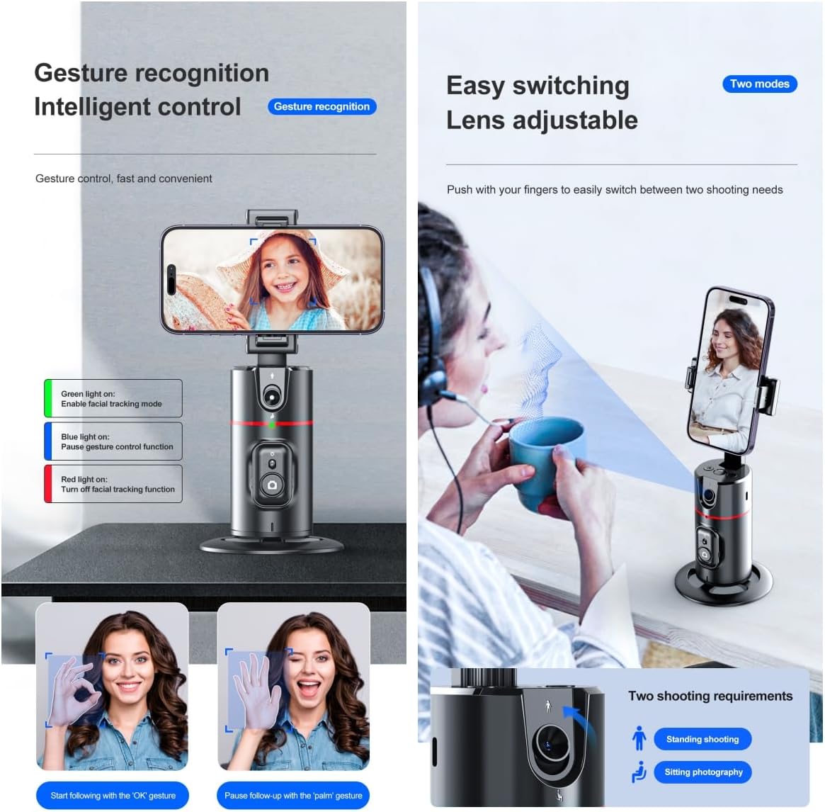 Auto Face Tracking Tripod Remote Control, No App,Smart Tracking Phone Holder,360° Rotation Face Body Phone Camera Mount Gesture Control for Live Streaming Video,Chat Face time，Meeting