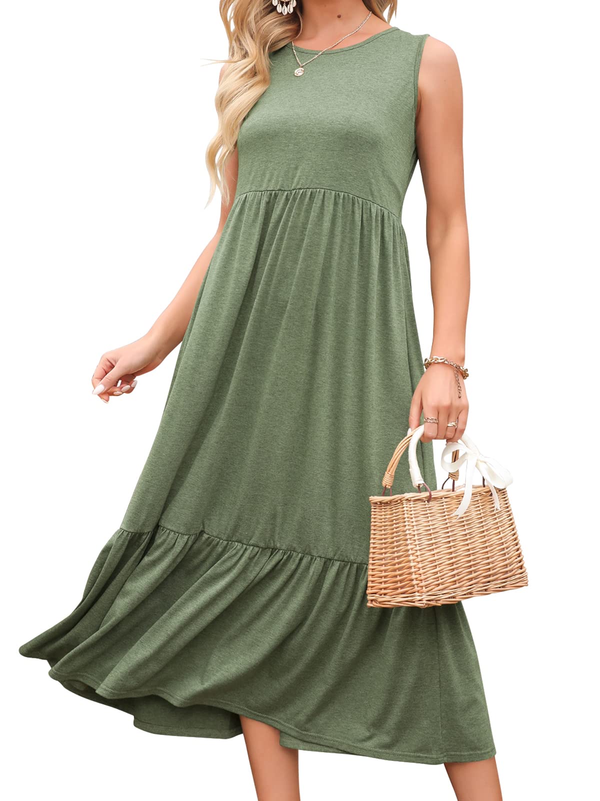 Women's Summer Casual Sleeveless Crewneck Swing Sundress Fit & Flare Flowy Tiered Maxi Dress with Pockets