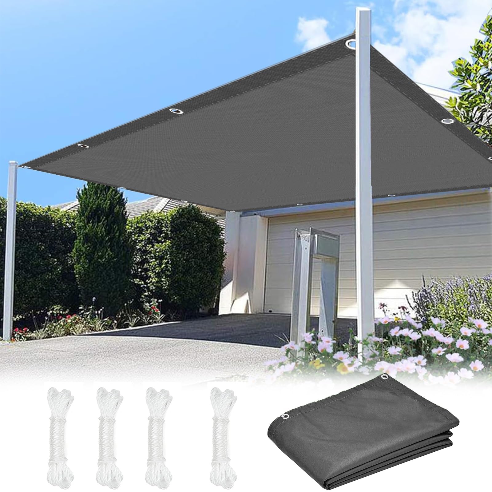 Voile d'ombrage rectangulaire 2x6m gris foncé anti-UV pour balcon et porche