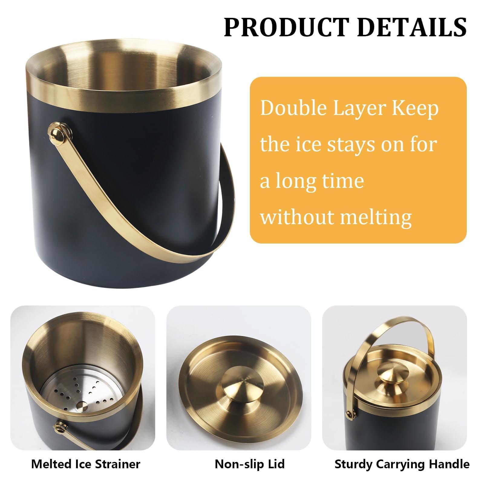 3L cubiteras para hielo grande hielera portátil cubiteras para botellas de doble pared de acero inoxidable champanera con Tapa Colador Cuchara hielo y Pinza para Bar Fiestas de picnics Negro