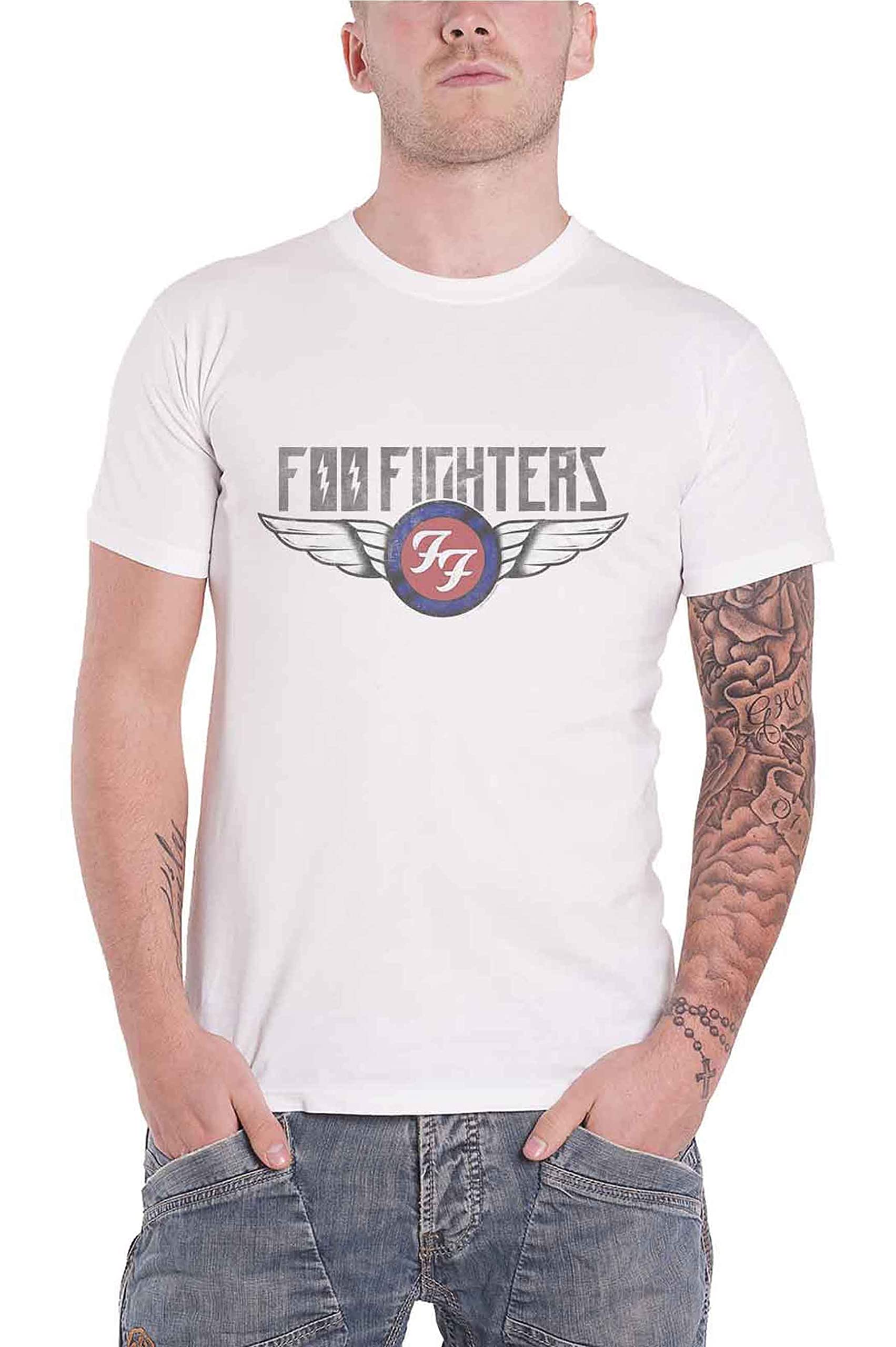 Foo Fighters T-shirt Flash Wings Band Logo Distressed Nue Officiel Unisexe Blanc - Les Beatles, Paul McCartney, John Lennon, RIngo Starr, George Harrison Foo Fighters T-shirt Flash Wings Band Logo Distressed Nue Officiel Unisexe Blanc