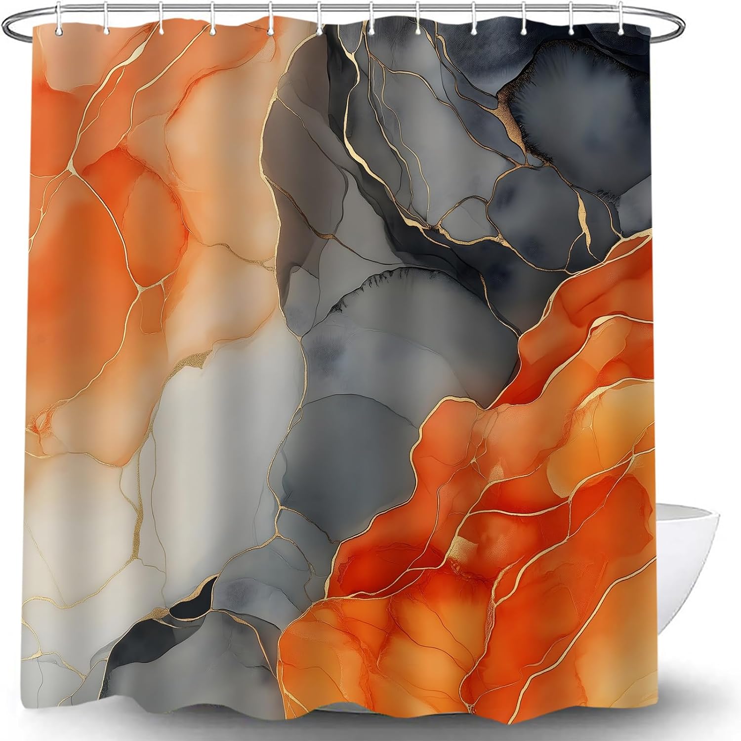 Orange Black Marble Shower Curtain Modern Abstract Marble Contemporary Neutral Luxury Aesthetic Art Bath Curtain with Hooks, 70x70 Inch