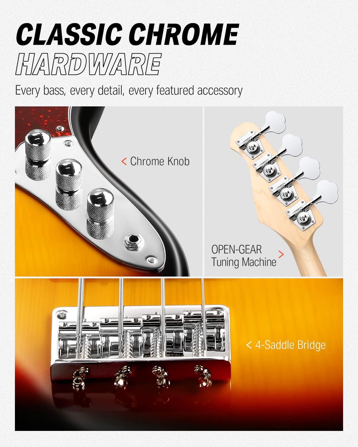 Close-up of the Donner DJB-510 bass guitar's chrome hardware, including control knobs, open-gear tuning machines, and 4-saddle bridge.