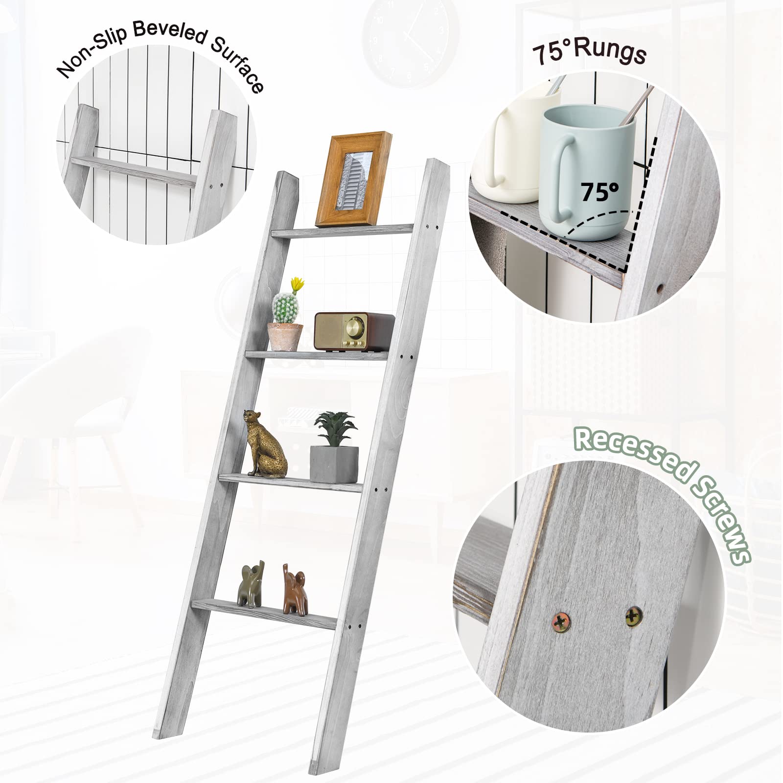 LIFEZEAL Scaffale per Coperta, Portasciugamani da Terra, Porta Salviette, Sciarpe, Tappeti, Vestiti, Scala a 4 Ripiani da Appoggiare, per Bagno, Cucina, in Legno di Pino, Max 80kg, 50x8x137cm (grigio)