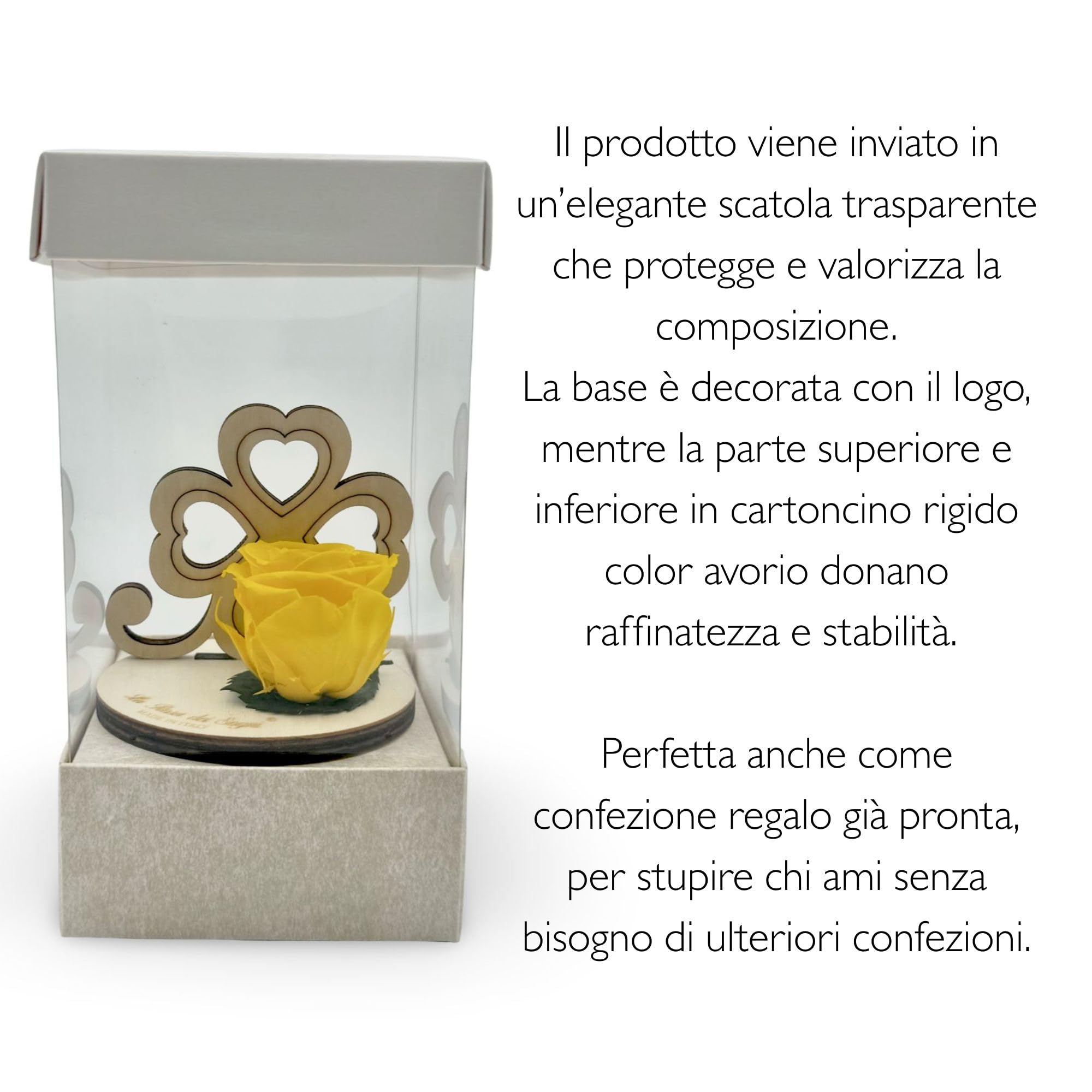 Rosa Stabilizzata con Quadrifoglio in Legno Intaglio Laser – Fiore Naturale a Lunga Durata - Made in Italy (Rosa)