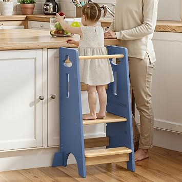 COSYLAND Height Adjustable Toddler Standing Tower - Super Stable Toddler Kitchen Stool Helper - 3 Levels Wooden Kids Learning Stool for Kitchen Toliet Navy Blue & Natural,Large