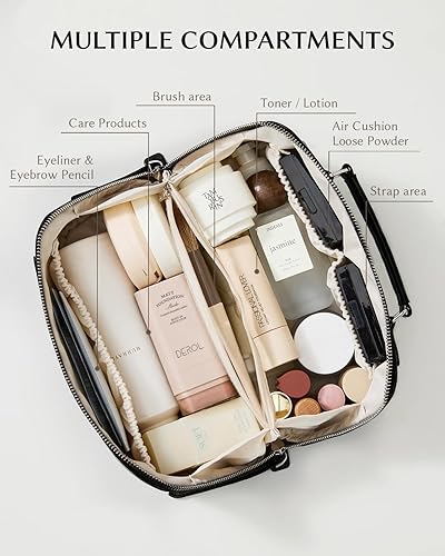 Miniatura 16 de EACHY - Bolsa de maquillaje de viaje, bolsa de cosméticos de gran capacidad para mujeres, portátil, impermeable, bolsa de aseo plana abierta