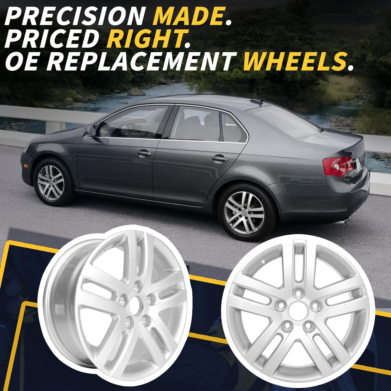 New 16" Alloy Replacement Wheel Fits for Volkswagen Jetta VW 2005 2006 2007 2008 2009 2010 2011 2012 2013 2014 2015 2016 2017 2018 Silver Rim, Direct Fit OE Stock Specs