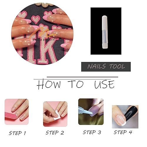 Miniatura 6 de MISUD Uñas postizas medianas a presión con forma de almendra, uñas postizas con pegamento brillante, uñas acrílicas de punta francesa rosa, uñas