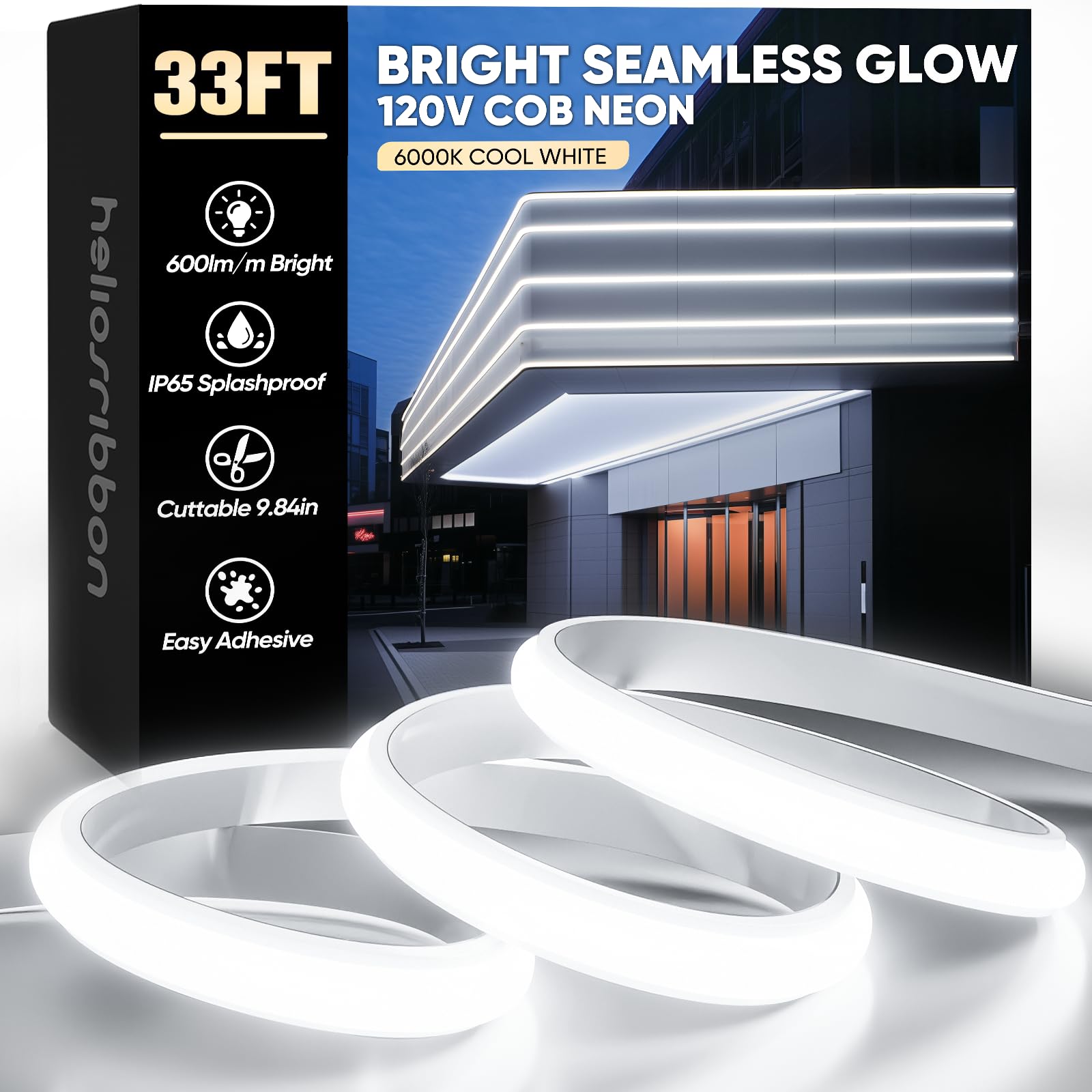 HeliosRibbon COB Led Neon Rope Lights 33ft 6000K Cool White, 110-120V Outdoor Waterproof Lighting Strip 600lm/m Super Bright, Cuttable and Adhesive, for Roof Bedroom Garden Commercial