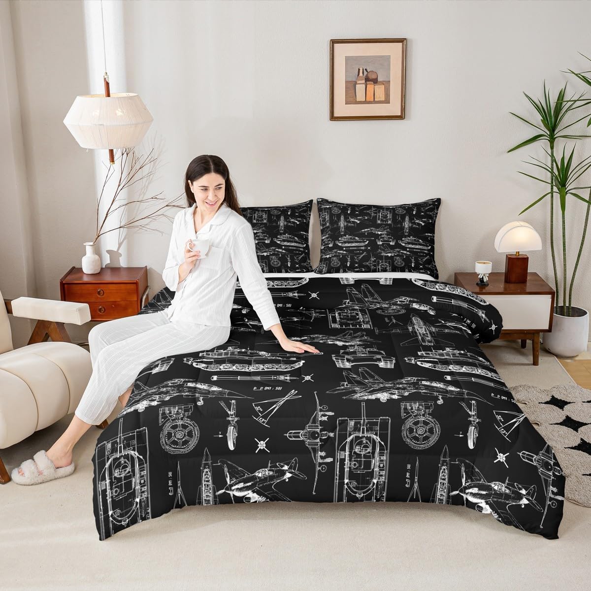 Cars Tank Comforter Set Twin Size,Military Style Aircraft Transport Vehicles Bedding Set for Kids Boys Girls Teens Room Decor,Sketch Airplane Equipment Quilted Duvet Chic Black Bedspread 2Pcs