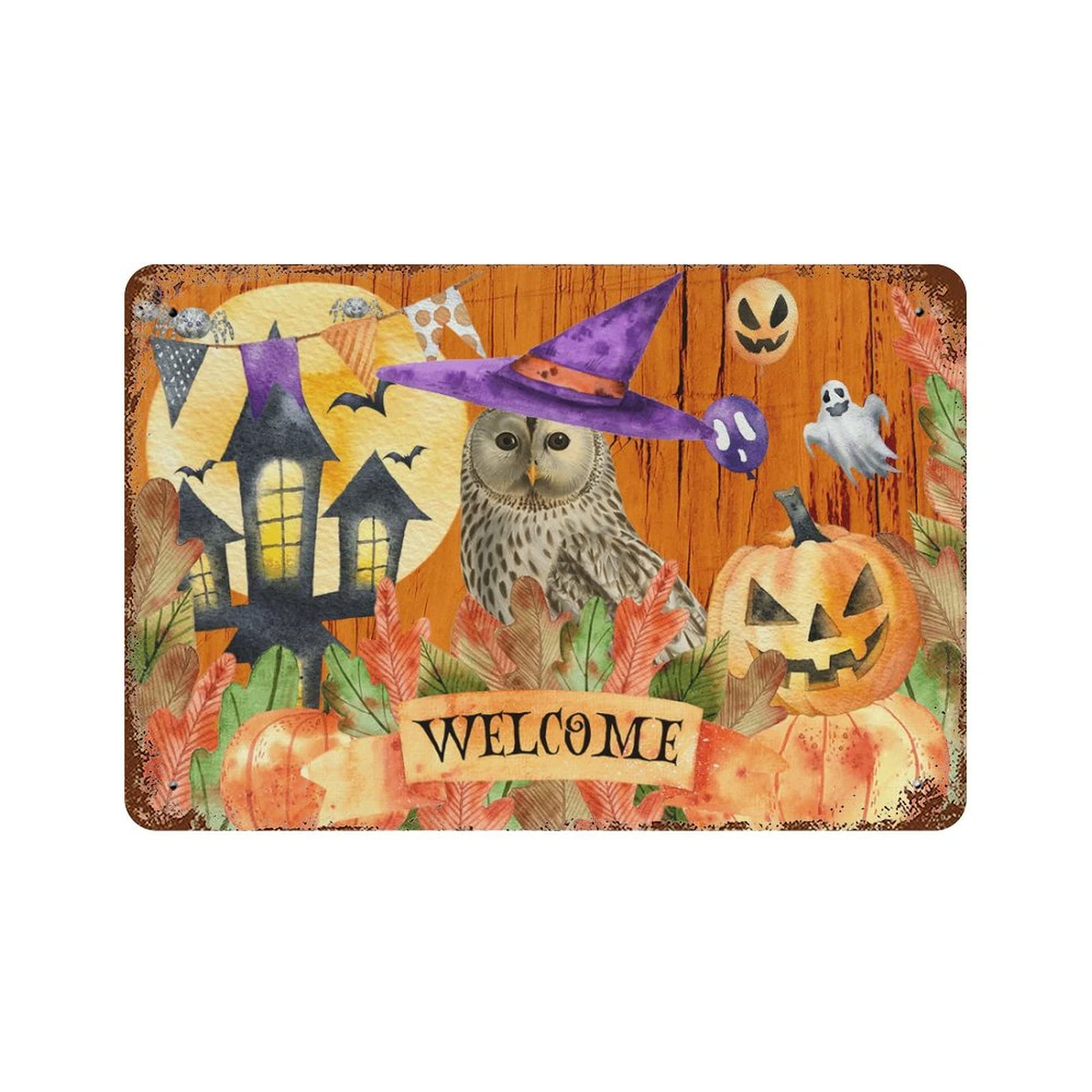 Plaque Halloween Welcome hibou et citrouilles pour décorer votre entrée