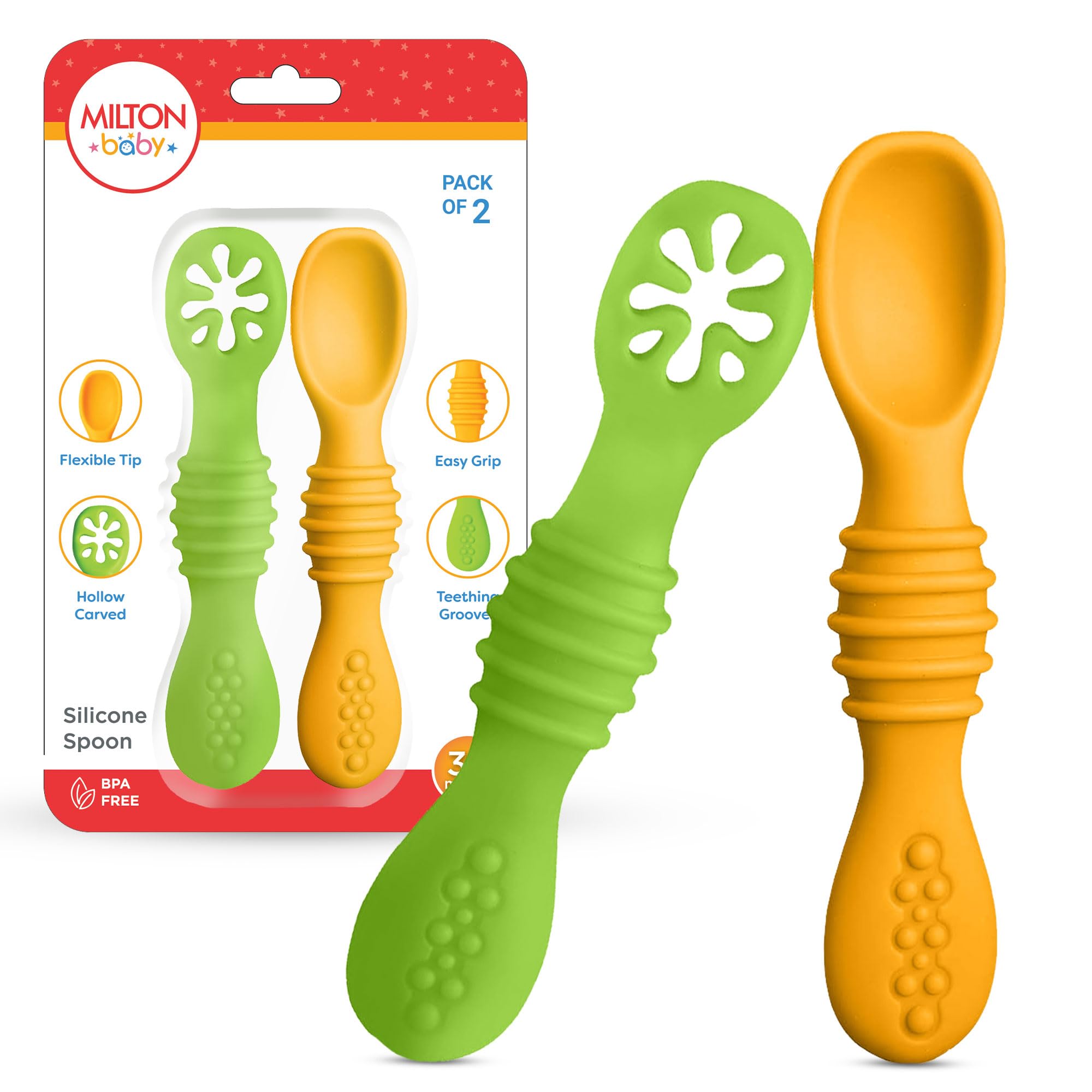 Milton Baby Silicone Pre Spoon Set of 2 for Self Feeding & Training | 100% BPA Free, Food Grade, Soft & Safe Silicone Spoon for First Stage Feeding I Dip Spoons for Baby Led Weaning | Green & Orange-image-37