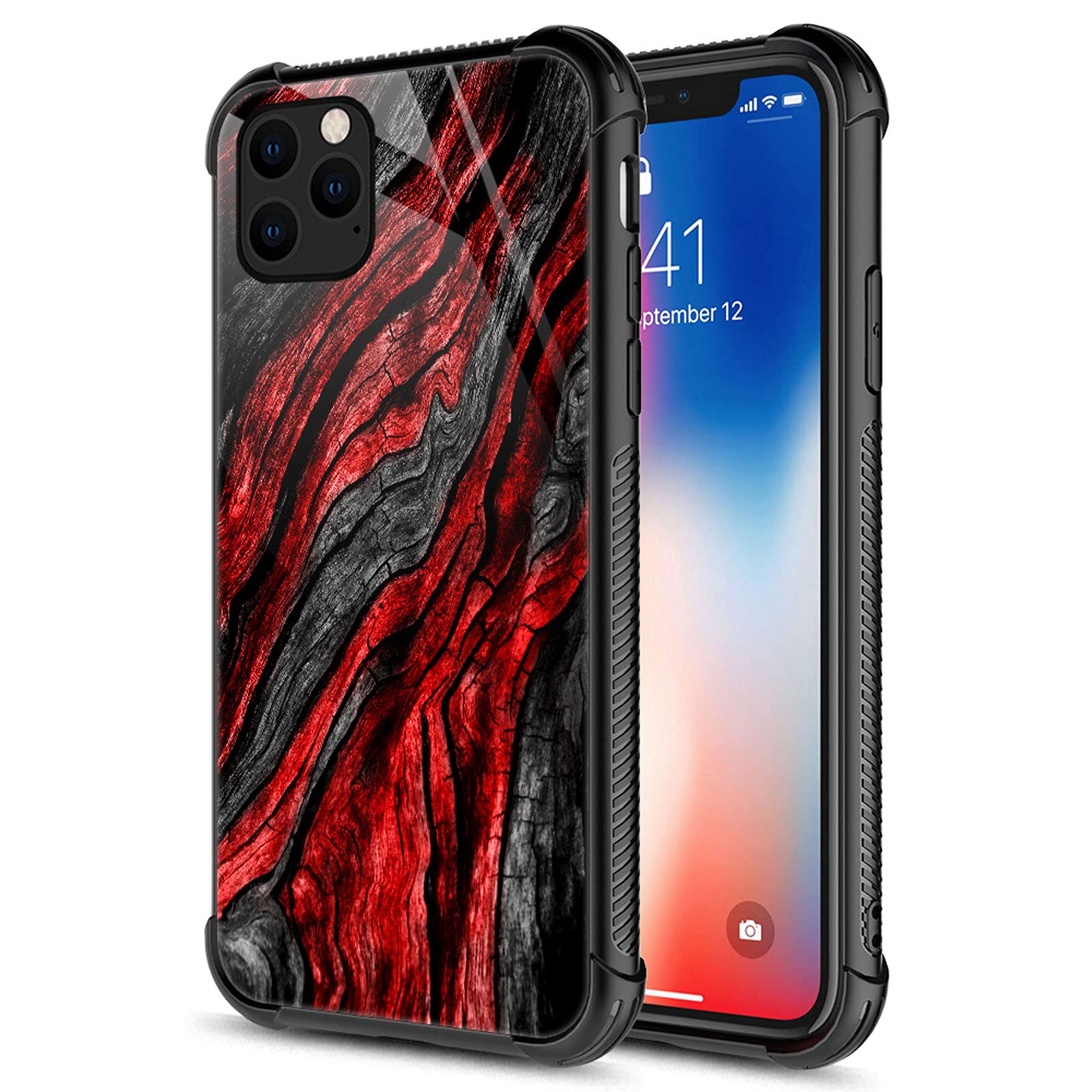 CARLOCA Compatible with iPhone 13 Case,Black Red Wood Grain Identity Graphic Design Shockproof Anti-Scratch Hard Acrylic Case for iPhone 13