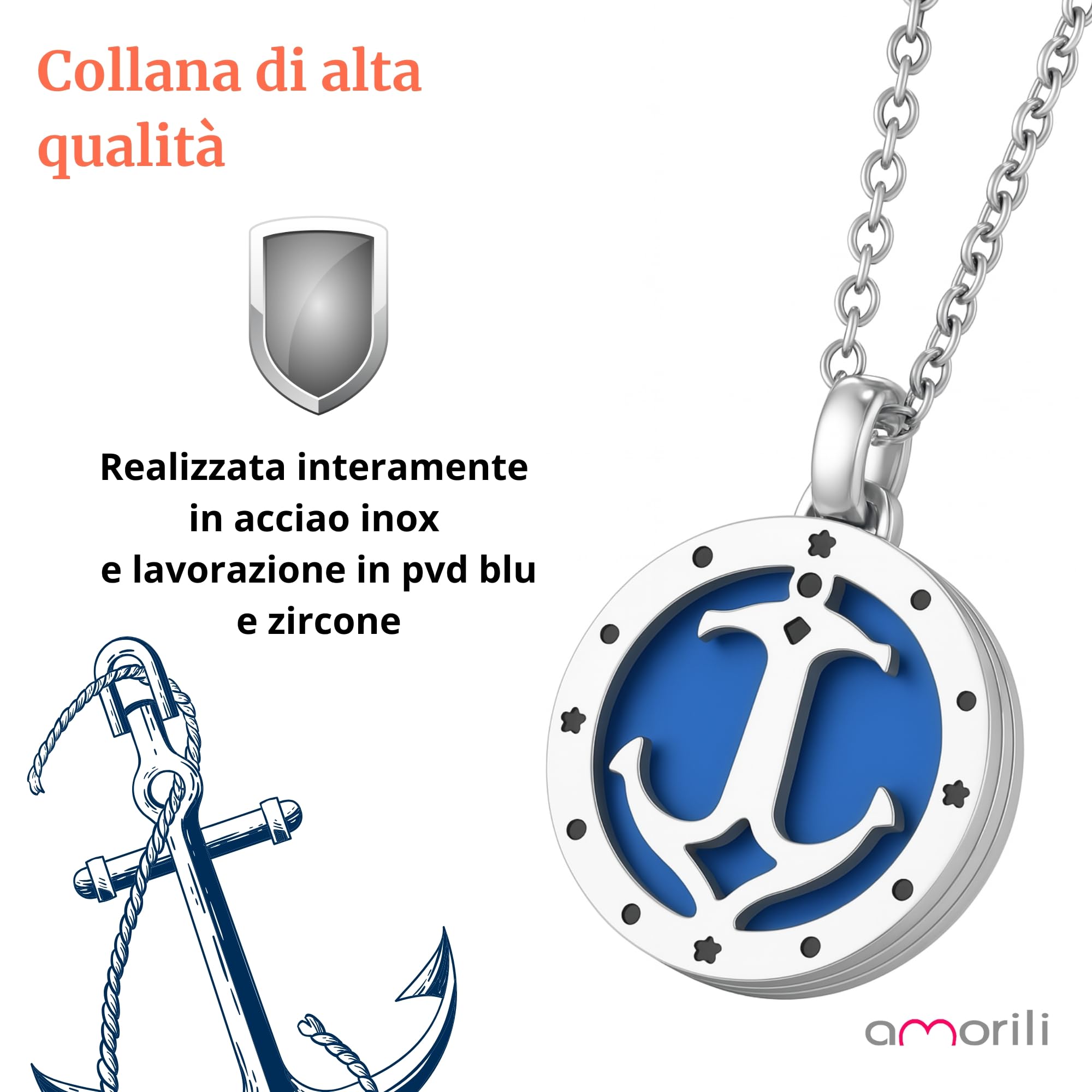 amorili Collana Uomo Acciaio Inox con Ancora e Bandiere Nautiche – Ciondolo Marina Militare Stile Nautico – Idea Regalo Elegante e Sportiva - cll0656b