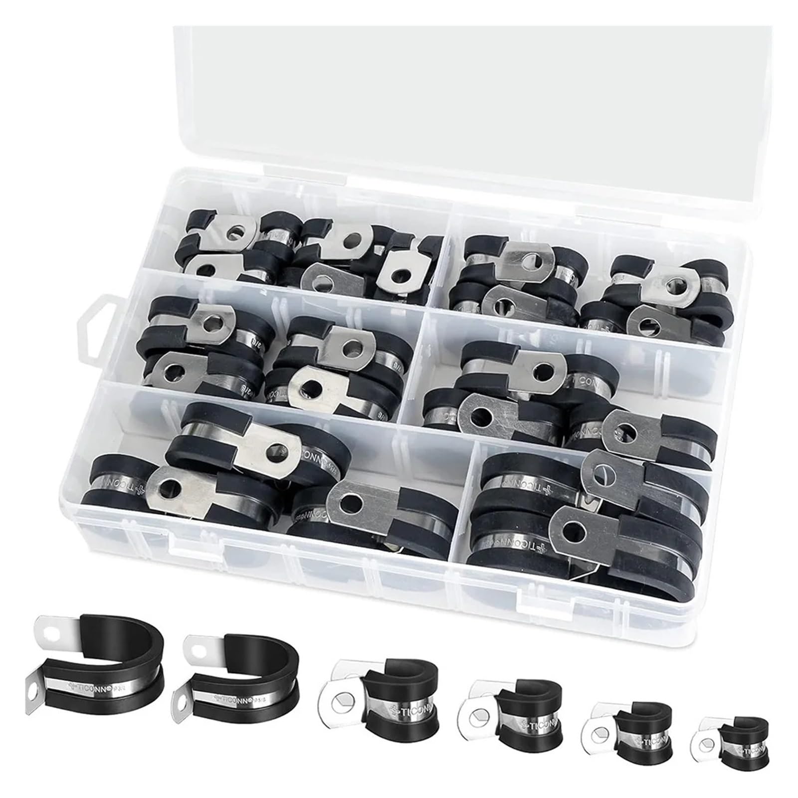Set di 42 morsetti per cavi, in acciaio inox 304 con cuscinetti in gomma, in 6 misure (1/4", 5/16", 3/8", 1/2", 5/8", 1/2", 5/8"