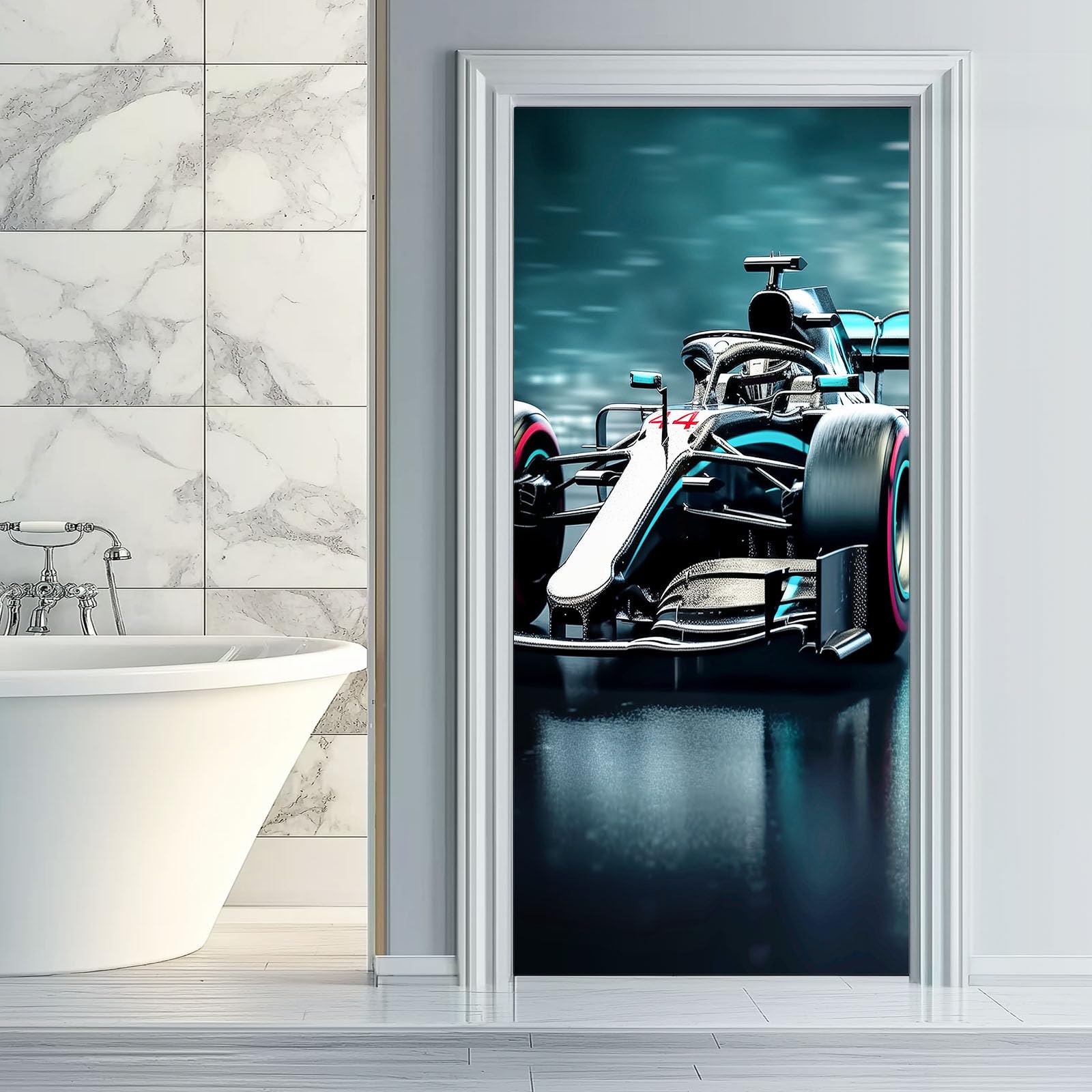 Nowoczesny styl naklejka plakat na drzwi, samoprzylepna naklejka ścienna wzór wyścigów samochodowych fotografia, ciemnoszare naklejki na drzwi z PCV do sypialni salonu kuchni, 95x215 cm