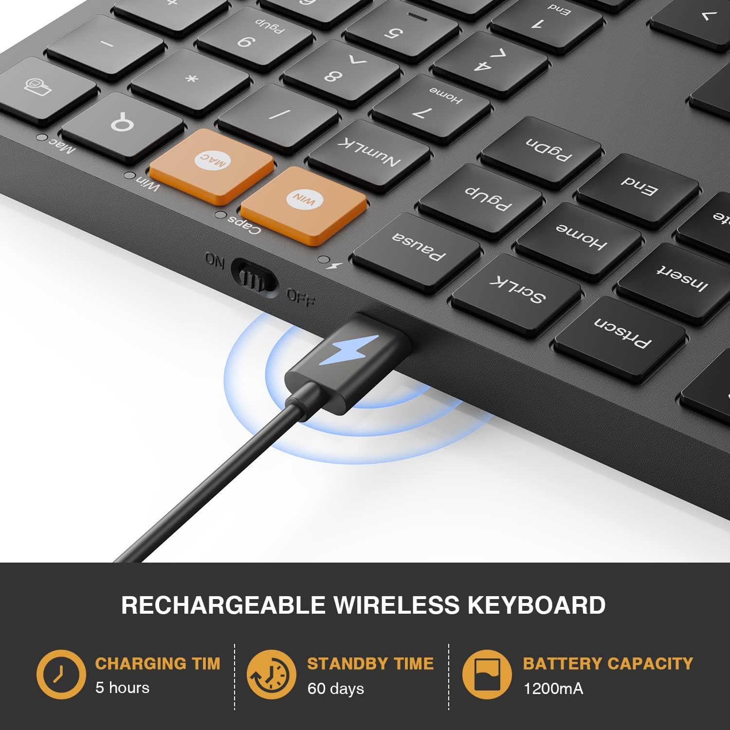 ProtoArc K100 keyboard being charged with a USB-C cable