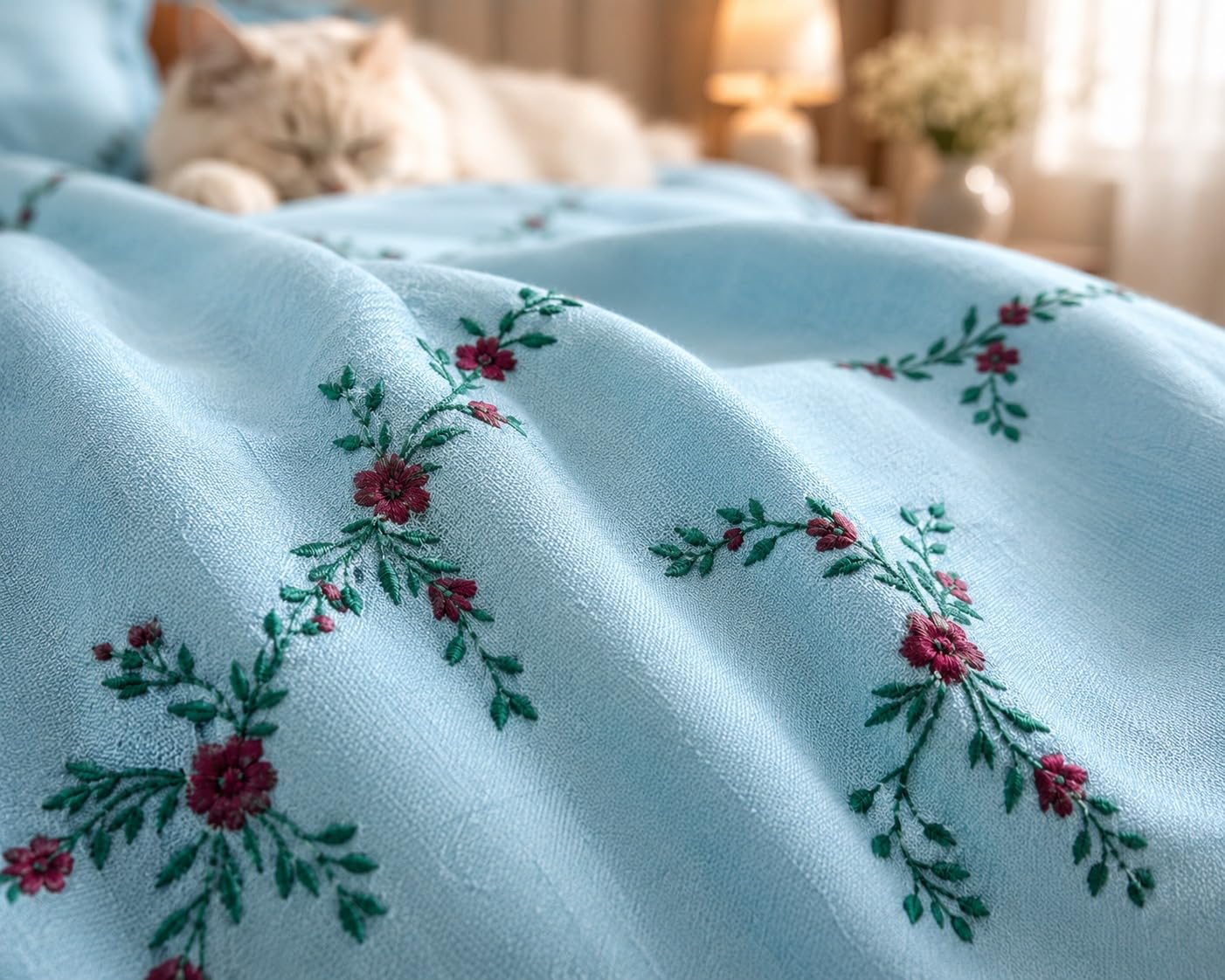 Rida Creation Floral Embroidered Double Bedsheet with 2 Pillow Covers | Good Night Embroidery Design | Premium Cotton Blend Sky Blue Bedding Set | King Size Decorative Bed Sheet for Bedroom-image-40