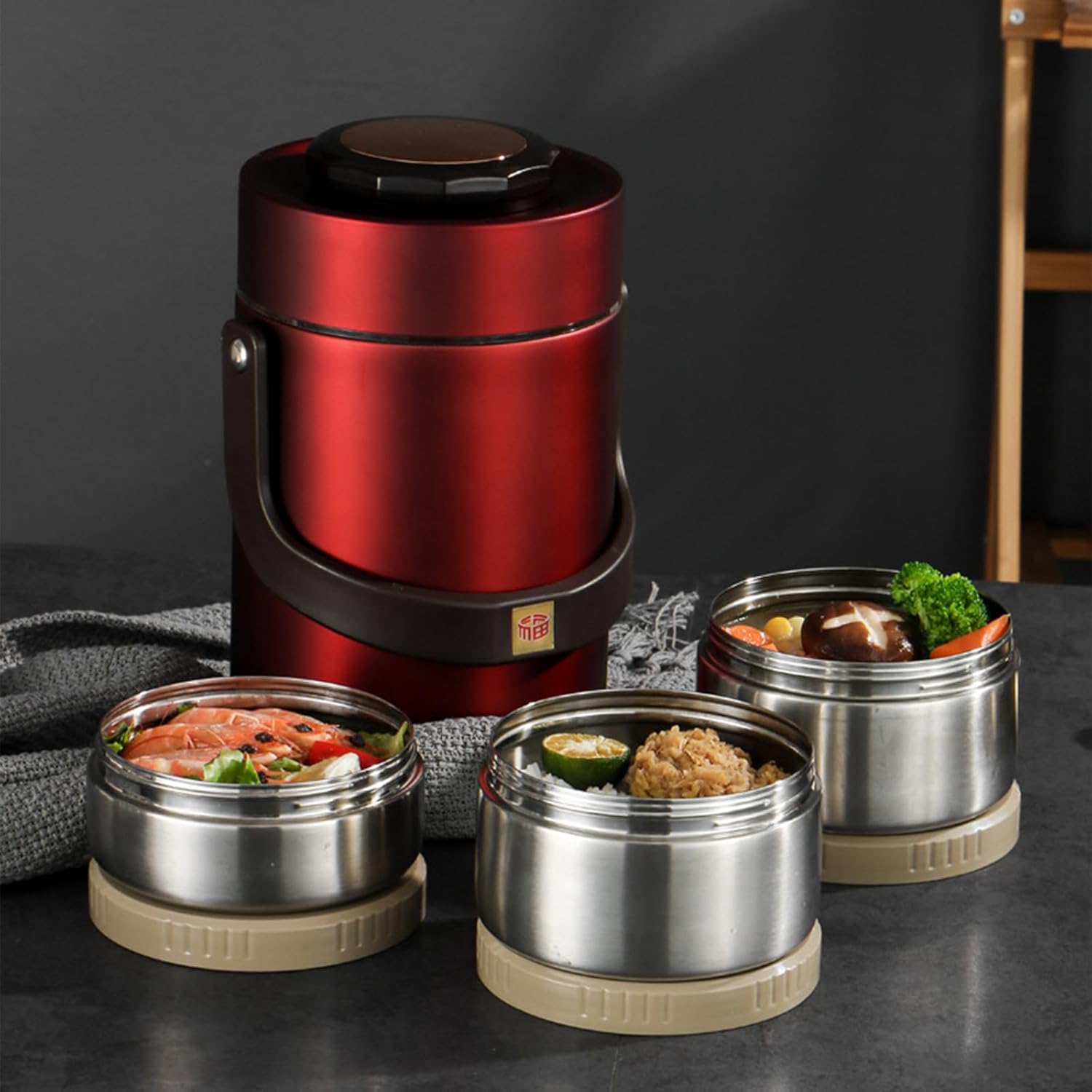 Sturdy 304 Non -Rust Steel Thermal Lunch Box 3コンパートメントリークプルーフポータブル