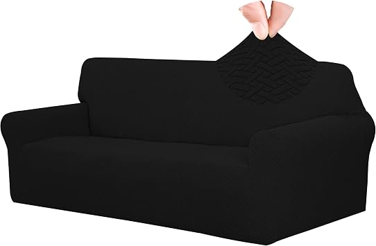 Easy-Going Stretch Jacquard Couch Cover, 1-Piece Soft Sofa Cover, Sofa Slipcover with Anti-Slip Foams, Washable Furniture Protector for Kids, Pets Sofa, Black