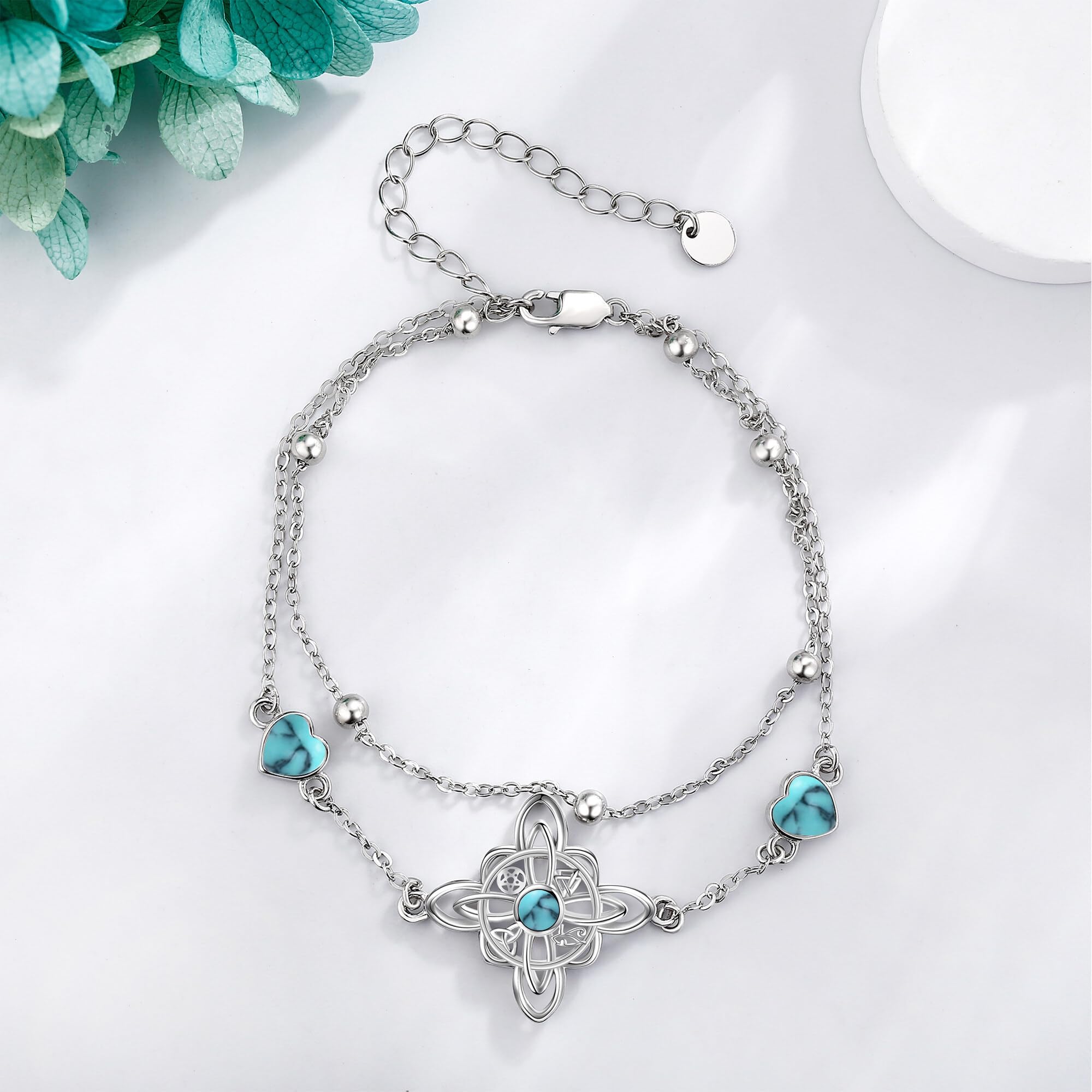 URONE Hexen-Knoten-Armband Sterling Silber Hexen-Knoten Herz Türkis Armband Witchy Schmuck Geschenke für Damen