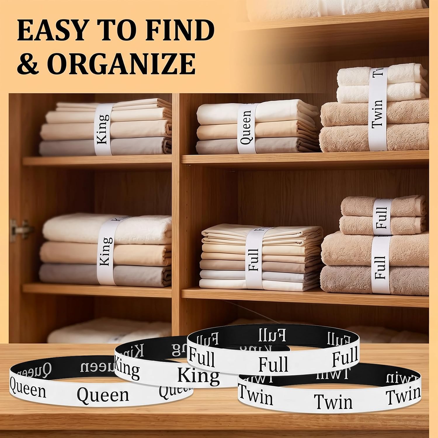 20 Pack Bed Sheet Organizer Bands, Elastic Bedding Storage Straps with Full King Queen Twin Labels, Linen Closet Organizers for Sheets, Blankets & Clothing Storage