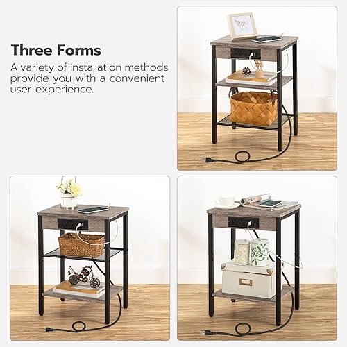Miniatura 59 de HOOBRO Mesa auxiliar con estación de carga y puertos USB, mesita de noche de 3 niveles con estantes ajustables, mesa auxiliar pequeña para espacio