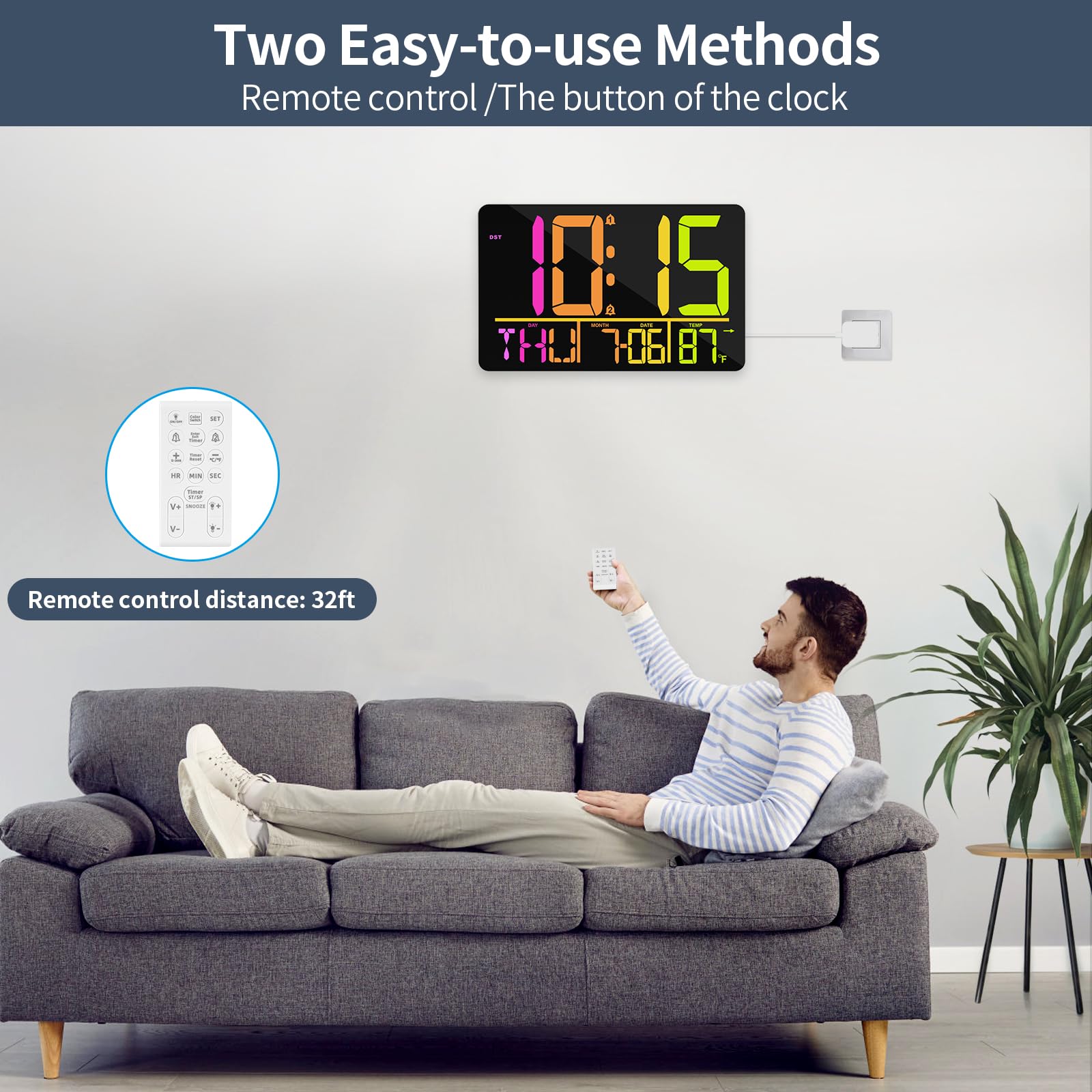PERSUPER Reloj de pared digital grande de 13 pulgadas con control remoto, cambio de color RGB, 25 tonos de llamada, 0-100% brillo automático/personalizado, temperatura, calendario, 12/24 horas, DST,