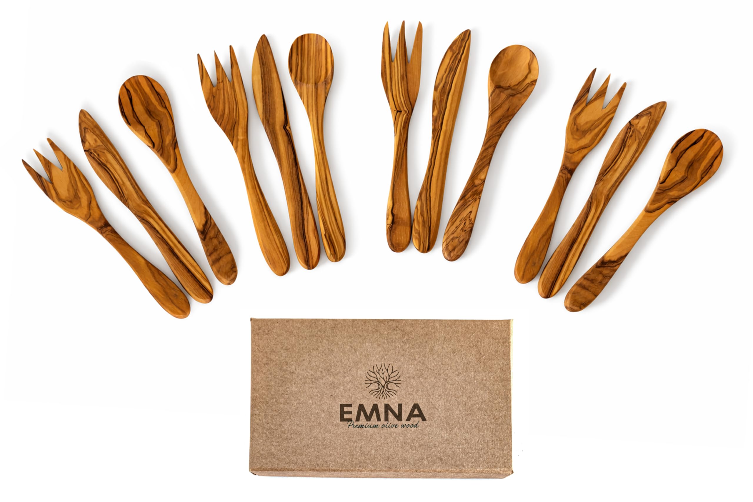 EMNA – Luxuriöses 12-teiliges Besteck Set aus massivem Olivenholz ca. 20 cm | 4 Löffel, 4 Gabeln & 4 Messer | Unikat | Edle Geschenkbox | Premium Geschenk Idee Weihnachten Hochzeit Geburtstag