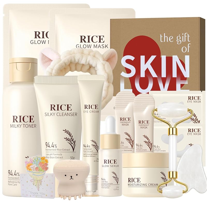 WOUGLAY Conjunto de Cuidados da Pele com 16 Peças e Arroz, com Limpeza, Tônico, Séruns, Cremes, Máscaras e Acessórios