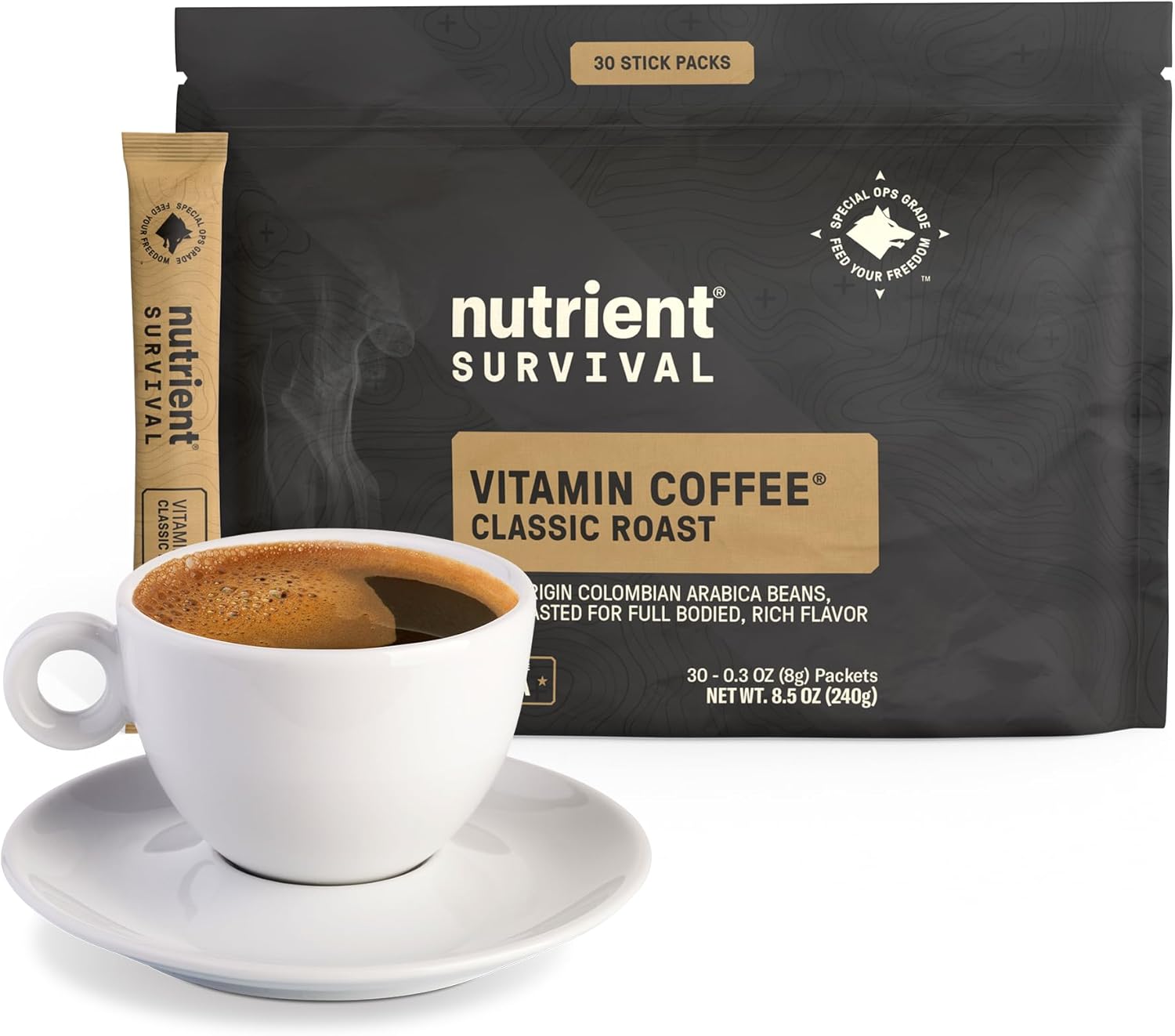 Nutrient Survival Coffee, Vitamin Enriched Dark Roast Coffee, 100% Colombian Arabica, Prepper Supplies, 13 Essential Vitamins, Shelf Stable up to 18 Months, 30 Single Serve Stick Packs