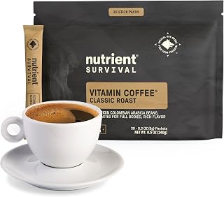 Nutrient Survival Coffee, Vitamin Enriched Dark Roast Coffee, 100% Colombian Arabica, Prepper Supplies, 13 Essential Vitamins, Shelf Stable up to 18 Months, 30 Single Serve Stick Packs