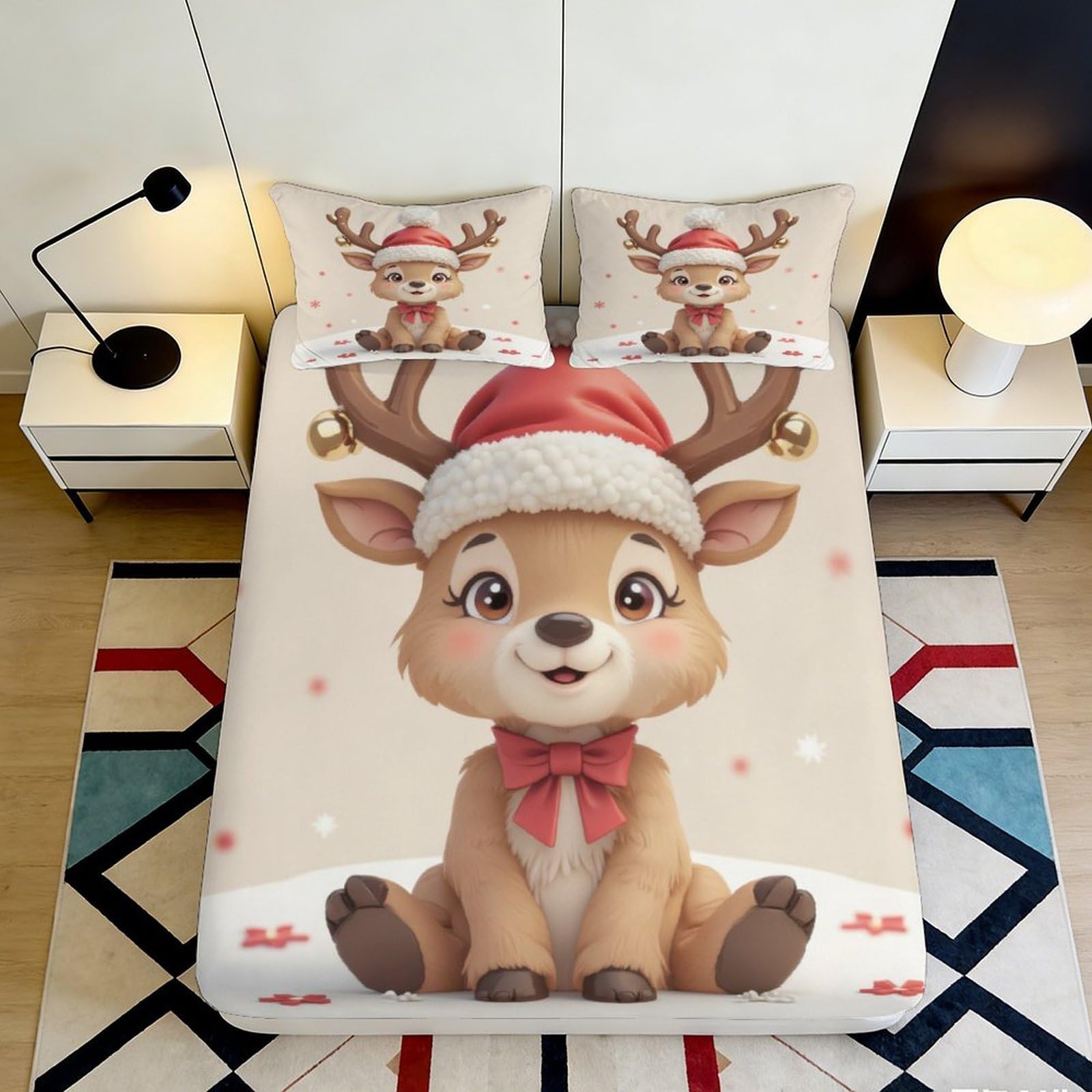 3D Printed Reindeer Fitted Sheet Microfiber Deep Pocket Non-Slip Bedroom Bedding Reindeer Mattress Fitted Cover for Adults Teens 140x200x25cm
