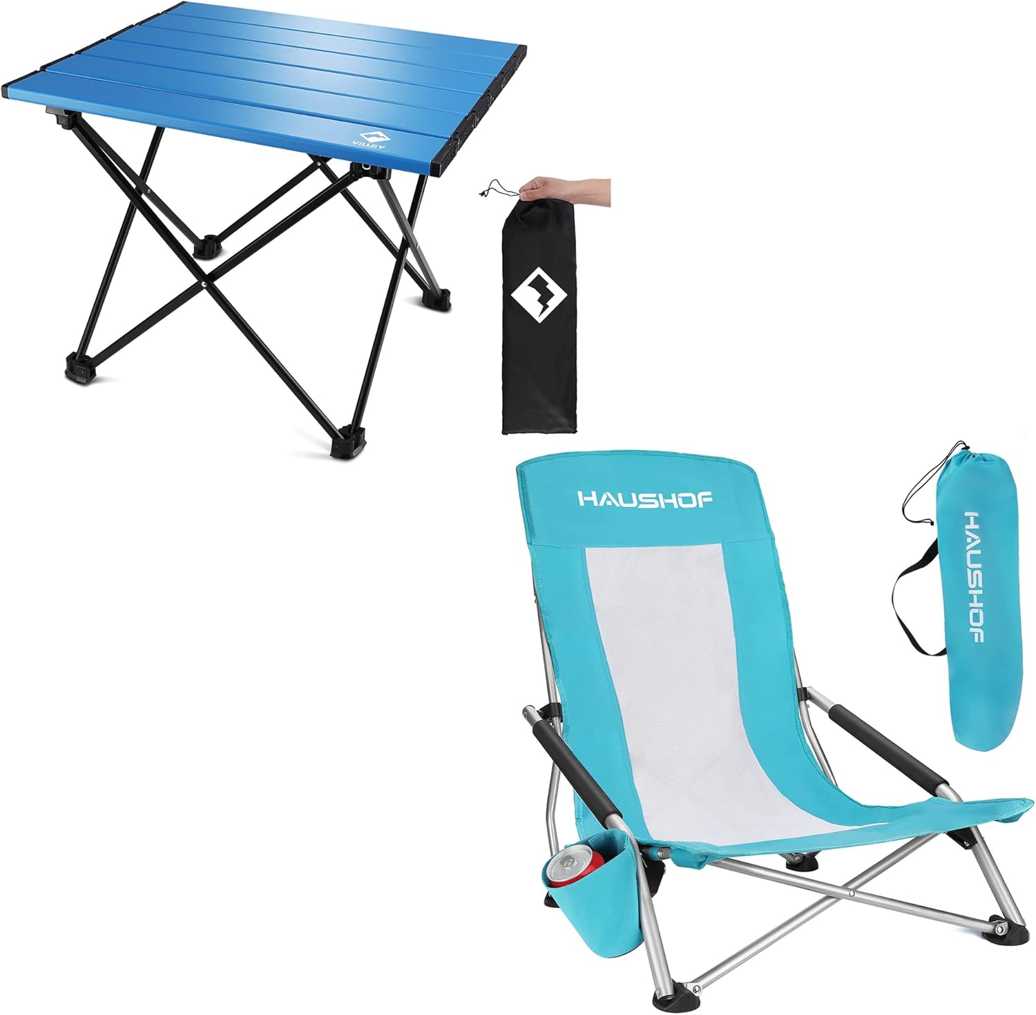 VILLEY Portable Camping Side Table, Blue + HAUSHOF High Back Beach Chair, Blue