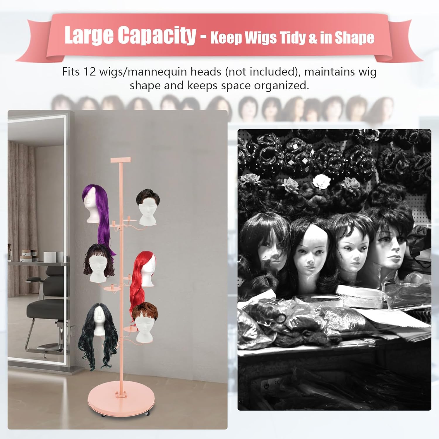 12-Head Holder, Wig Display& Storage Rack, Rotate 360° Wig Stand, for Multiple Wigs Display Mannequin Head with Wheels Metal Wig Organizer Storage Rack, Round base Pink