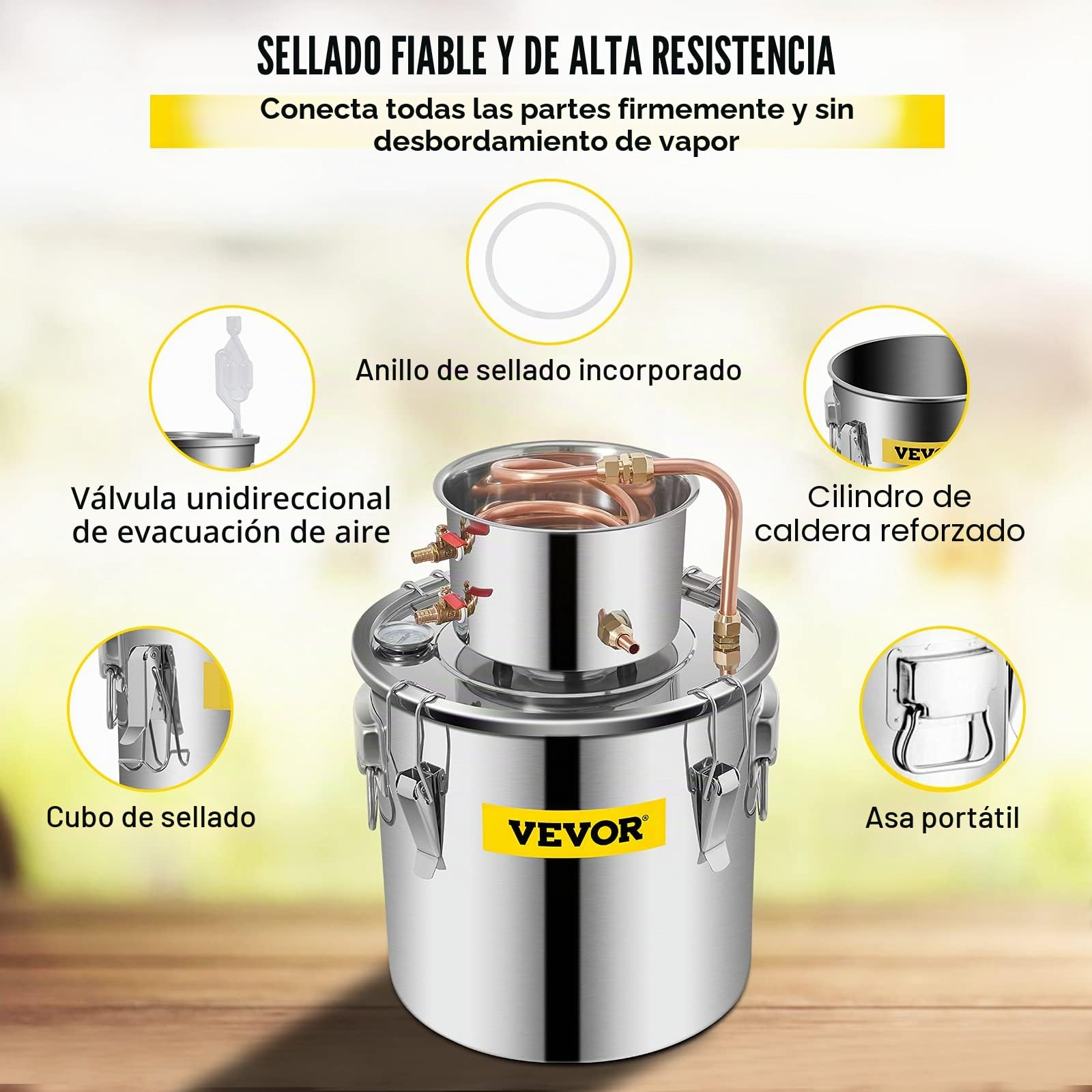 VEVOR Destilador de Agua 21L con Termómetro, Purificador y Filtro Portátil, Acero Inoxidable 4,7 kg