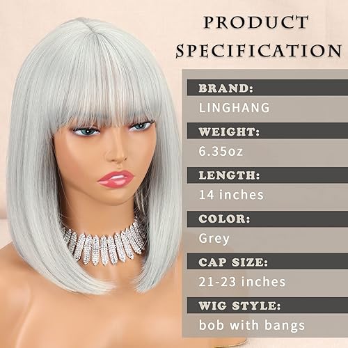 Miniatura 3 de LINGHANG Pelucas cortas de estilo Bob negro con flequillo, pelucas sintéticas rectas para mujer, peluca corta negra de aspecto natural, resistente
