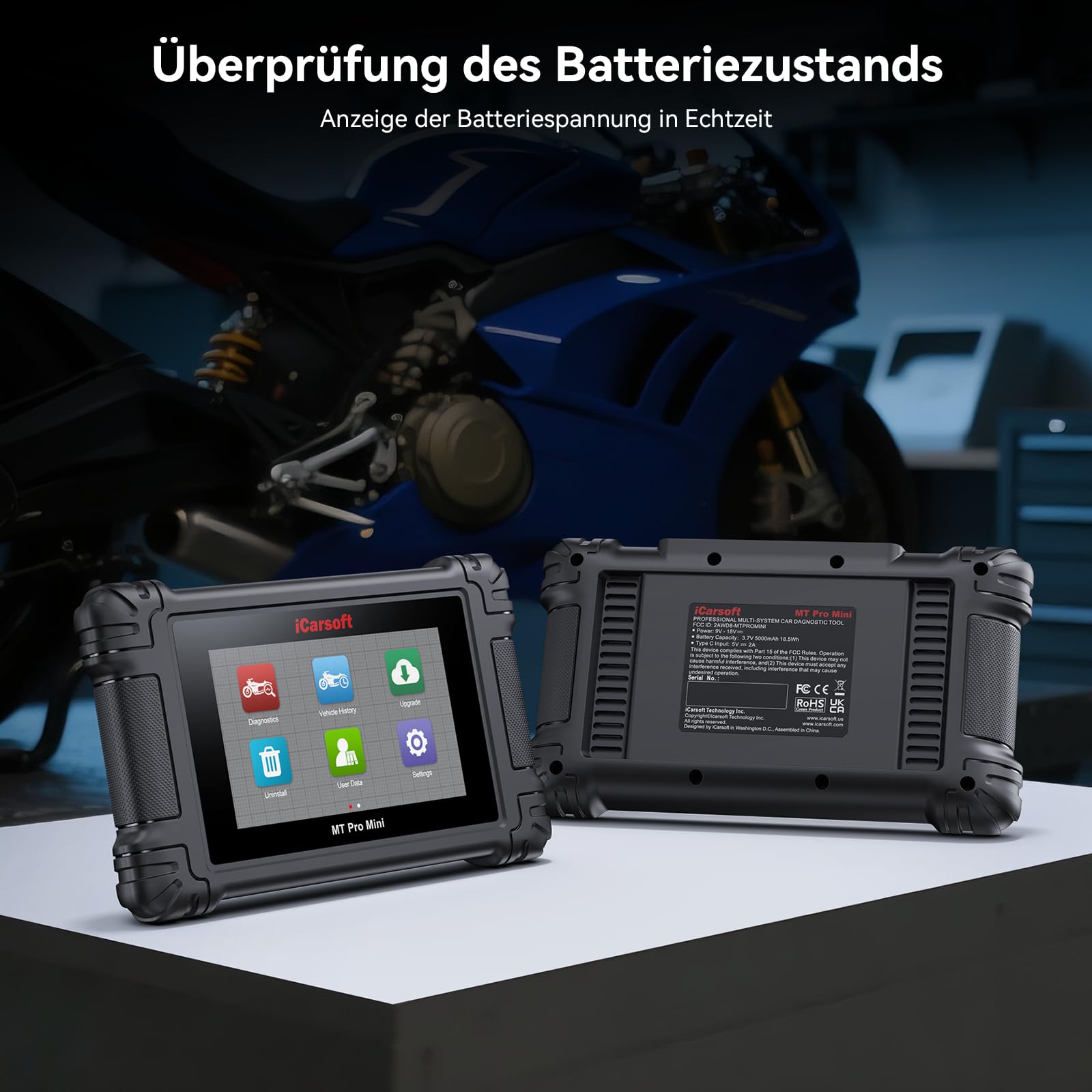 iCarsoft MT Pro Mini Motorrad Diagnosegerät für 21 Marken, OBD2 Diagnosegerät mit Alle Servicefunktionen, Komplettsystem Auslesegerät, Bidirektionaler Test, AutoVIN, Batterietest, Lebenslanges Update