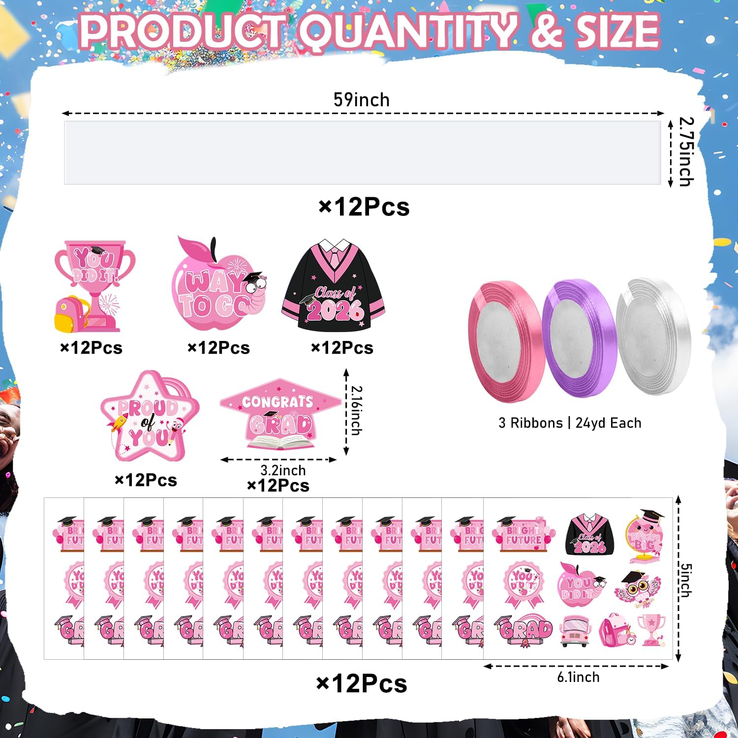 Graduation Candy Leis 2026 - Graduation Candy Lei Making Kit Class of 2026, 12 Candy Tubing Clear 60 Pink Paper Cards 12 Stickers 3 Ribbon Rolls, Grad Accessories High School All Age image 2