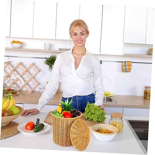 Miniatura 2 de IMIKEYA Cesta de basura de ratán con tapa, papelera de mimbre portátil, cesta de basura redonda, canasta de almacenamiento tejida de plástico para